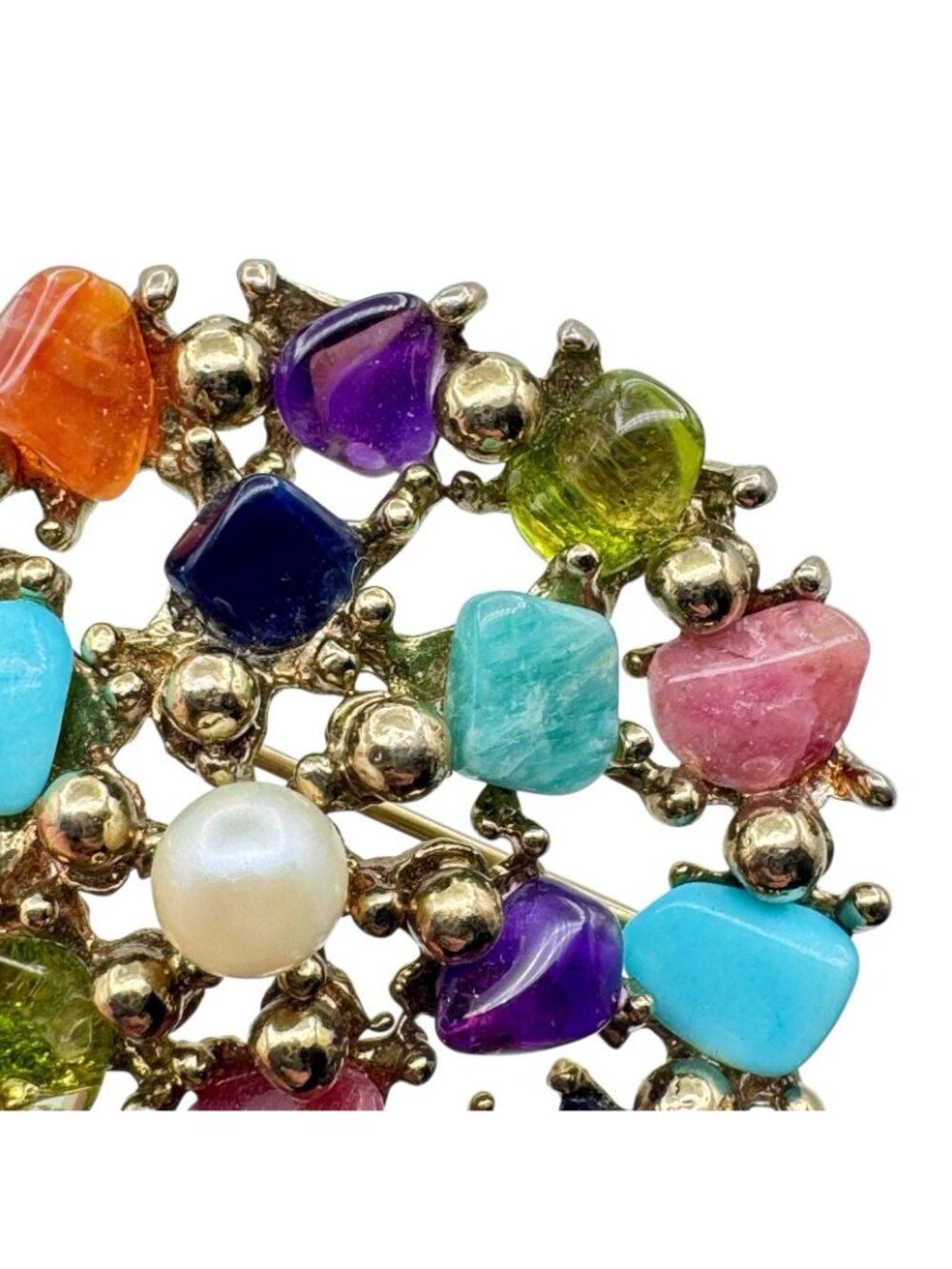 Vintage Multicolor Gemstone Chip Cluster Brooch 70s BOHO Gold Tone Cast Setting - Picture 7 of 16
